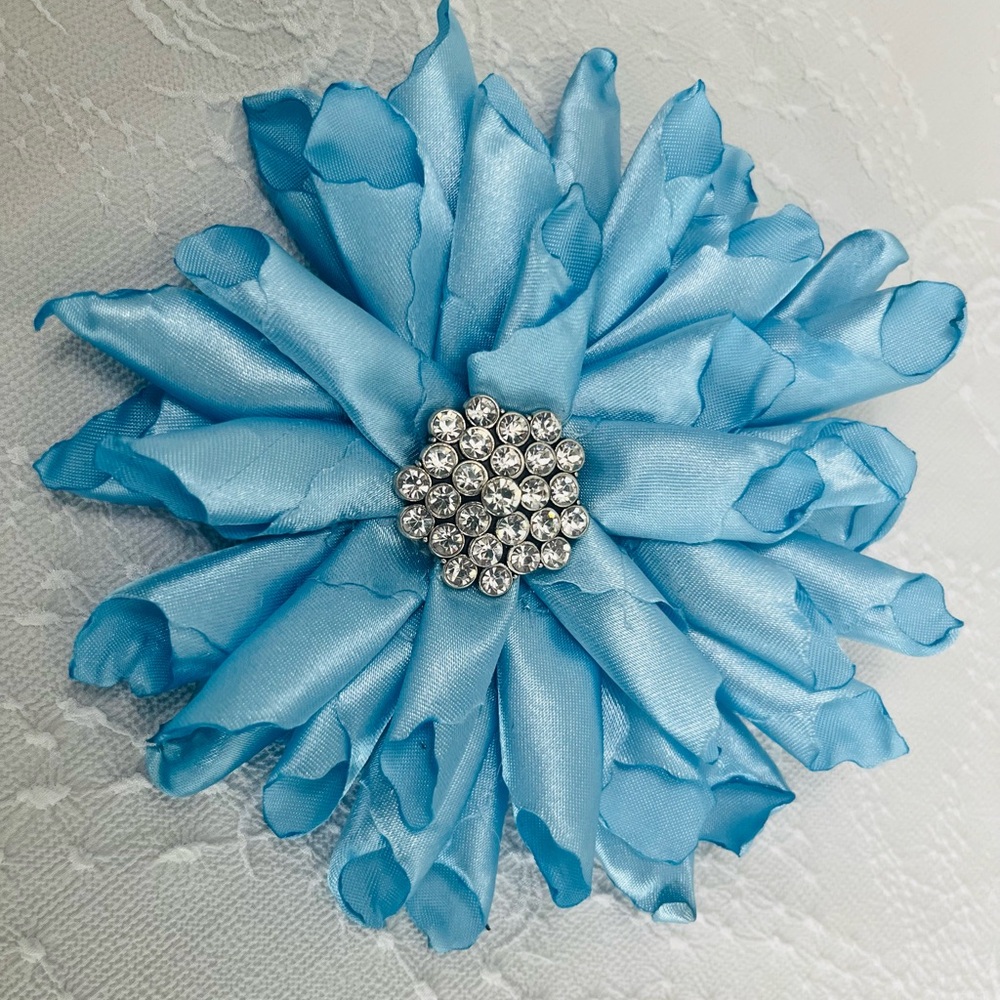 Sky Blue Flower Brooch with Rhinestone Center
